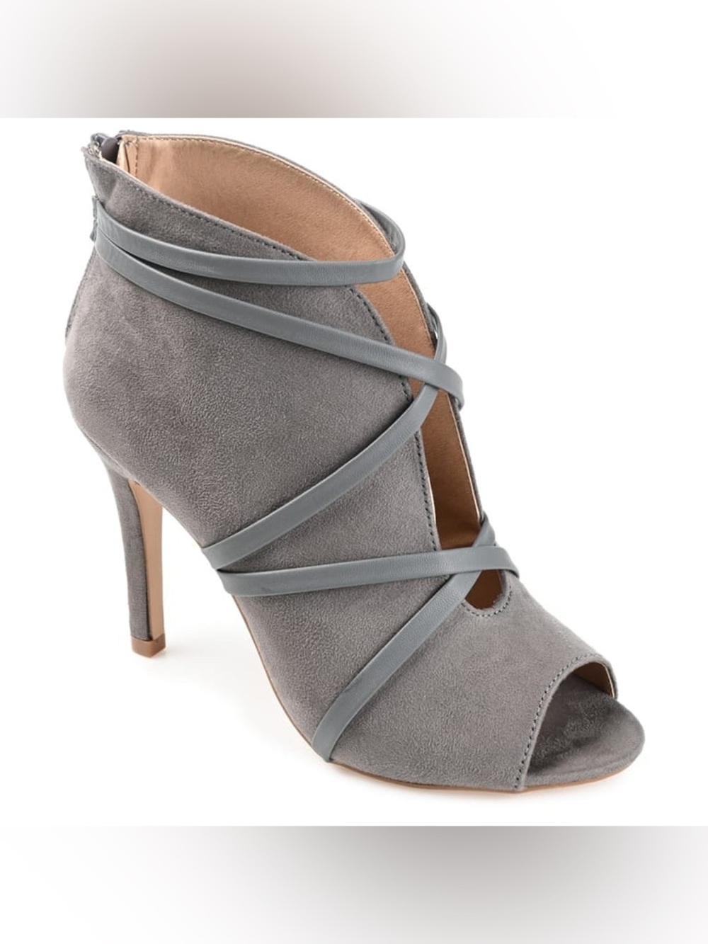 Strappy Grey Suede Peep-Toe Ankle Heel